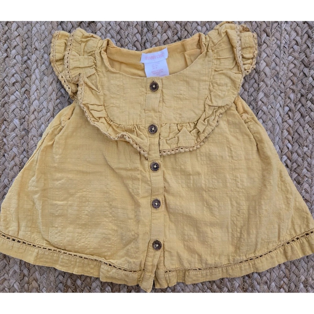 Shabby Chic Baby Girls Mustard Yellow Cotton Gauze Ruffle Lace Top‎ 6-9M